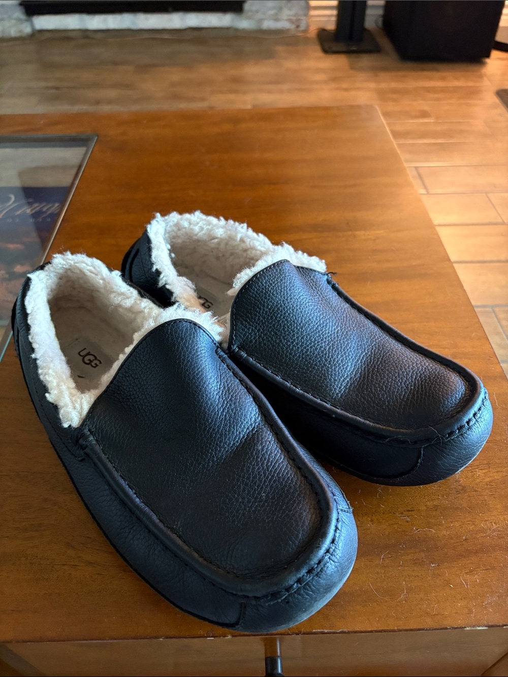 UGG Men’s Black Leather Slip-On Moccasin with Cream Shearling